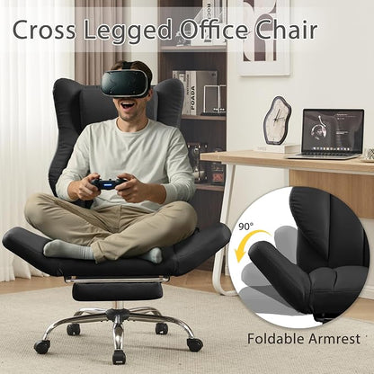 Ergonomic Cross Legged Office Chair with Footrest,Leather Big and Tall Executive Chair with Lumbar Pillow,Reversible Armrest for Pets,155° Reclining Computer Wide Desk Chair for Home,Office, Black