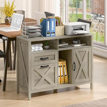 Befrases Farmhouse File Cabinet with Doors, Lateral Filing Cabinet with 2 Drawers for Letter/A4 Size Hanging Files, Large Wooden Printer Stand with Open Shelf for Home Office, Rustic Grey