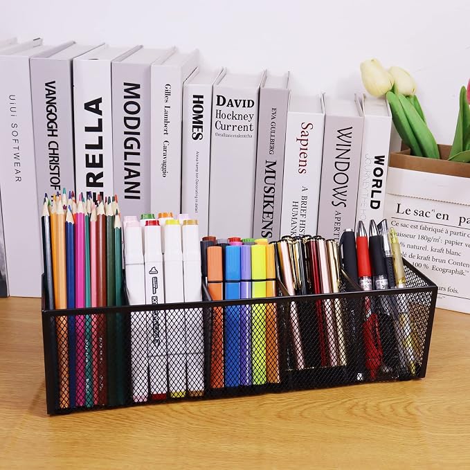 2PCS Black Mesh Pen Pencil Holder, Small Metal Desk Organizer Desktop Stationery Office Supplies Acessories Storage Stand, 5 Compartments Brushes Holder for Home School Classroom Teachers