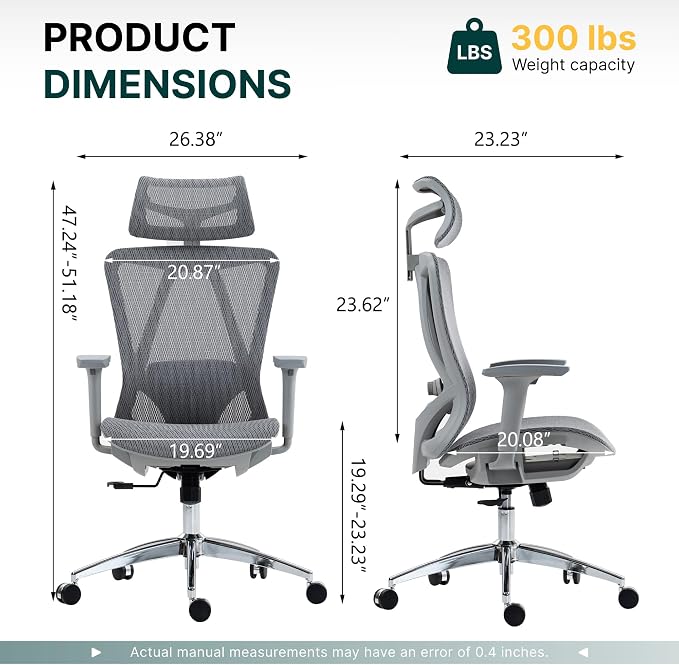 Ergonomic Mesh Office Chair, 3D Adjustable Armrests Desk Chair with 360° Swivel Silent Casters, 90°-120° Reclining Backrest Adjustable Gaming Chair for Home Office