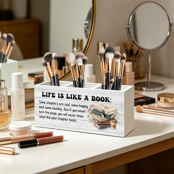 Inspirational Book Lover Gifts Pen Pencil Holder Organizer for Home Office Classroom Desk Accessories, Reader Gifts, Bookish Wood Signs for Reading Nook Corner Room Desk Tabletop Decor