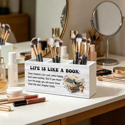 Inspirational Book Lover Gifts Pen Pencil Holder Organizer for Home Office Classroom Desk Accessories, Reader Gifts, Bookish Wood Signs for Reading Nook Corner Room Desk Tabletop Decor