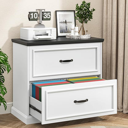 Halitaa 2 Drawer File Cabinet, Farmhouse Lateral Filing Cabinet for Letter/A4/Legal Size Hanging Files, Large Wood File Storage Cabinets Printer Stand for Home Office, White and Black