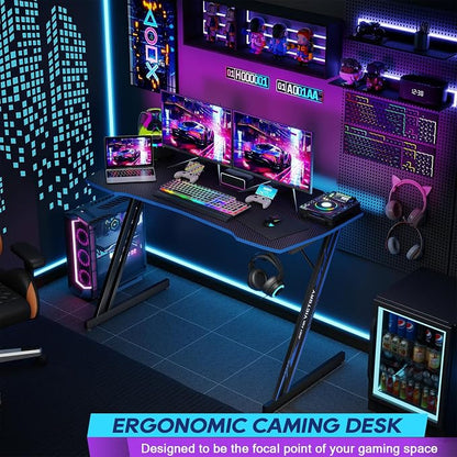 BestOffice Gaming Desk Z Shaped 47 inch PC Computer Desk Computer Workstation Ergonomic Gaming Table with Headphone Hook for Game Players, Black&Blue