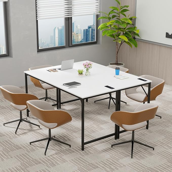 COSTWAY Home Office Desk, 32 Inch Computer Desk with Recessed Power Strip, Storage Bag & Headphone Hook, Wide Desktop, Modern Computer Workstation Writing Table for Home, Office (White + Black)