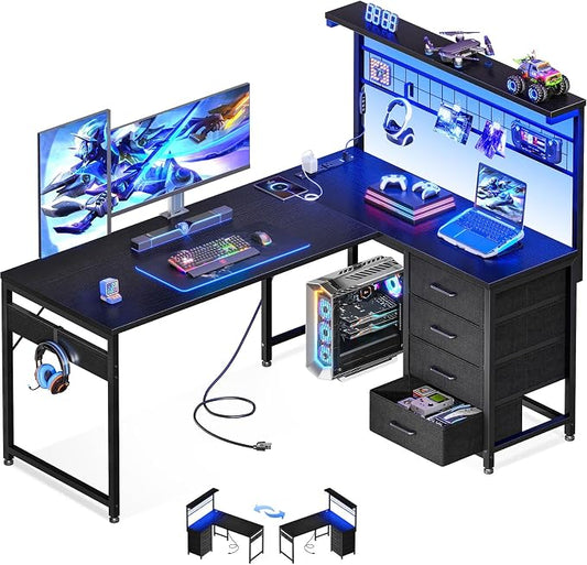 MOTPK 51” Large L Shaped Gaming Desk, Corner Computer Table with Shelf & Hutch, 4 Drawers, Reversible Study Desk with LED Light, Power Outlets & USB Ports, Home Office Table, Black