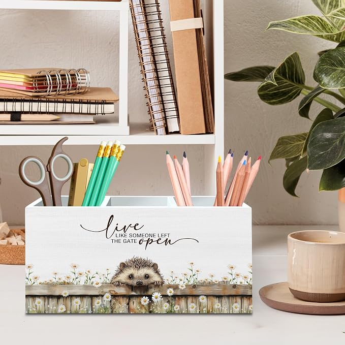 DILSJ Hedgehog Inspirational Pen Pencil Holder Organizer For Desk, Hedgehog Gifts, Rustic Floral Live Like Someone Left The Gate Open Wooden Box Signs For Home Office Desk Tabletop Decoration