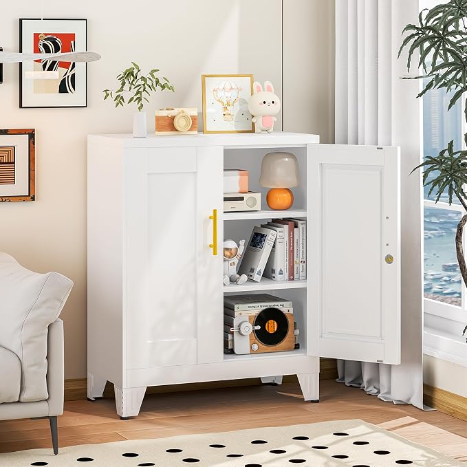 winiowa Tall Metal Storage Cabinet with Lock, Locking File Cabinet with 2 Doors and 2 Adjustable Shelves, White Lockable Organizer for Home Office Garage（27.6" W）