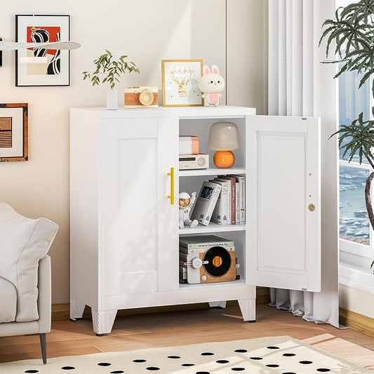 winiowa Tall Metal Storage Cabinet with Lock, Locking File Cabinet with 2 Doors and 2 Adjustable Shelves, White Lockable Organizer for Home Office Garage（27.6" W）