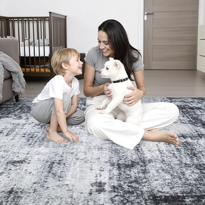 8x8 Area Rug Living Room Rug: Washable Modern Abstract Soft Thin Rug Indoor Floor No Slip Stain Resistant Carpet for Bedroom Dining Room Farmhouse Nursery Home Office - Dark Black