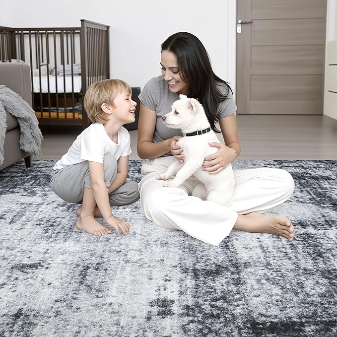 Round Area Rug for Living Room: 6 ft Washable Modern Abstract Soft Thin Rug Indoor Floor No Slip Stain Resistant Carpet for Bedroom Dining Room Farmhouse Nursery Home Office - Dark Black