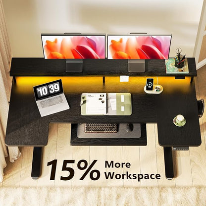 OffiGo U Shaped Electric Standing Desk with Keyboard Tray, 55 Inch Height Adjustable Desk with Power Outlets & LED Lights, Sit Stand Table with Monitor Stand for Home, Office, Black
