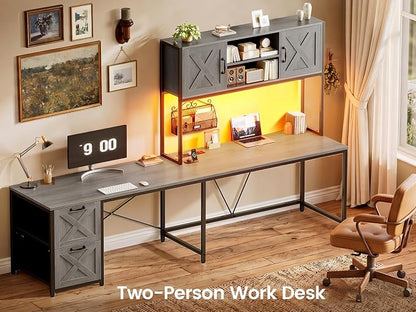 SEDETA L Shaped Gaming Desk, Reversible 86.6" Computer Desk with Fabric Drawers and Power Outlet, Gaming Desk with Led Lights, Hutch and Storage for Home Office, Light Gray
