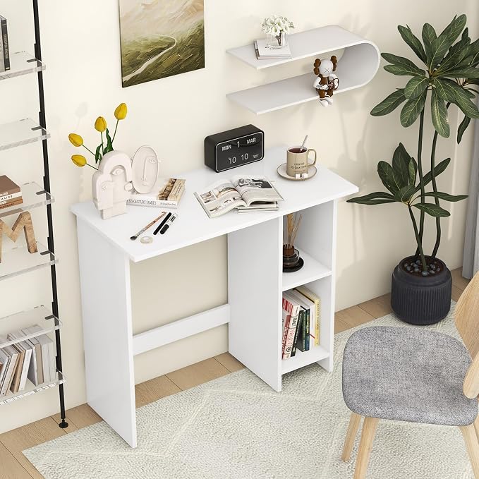 GOFLAME Small Computer Desk with Storage, Modern Writing Desk with Adjustable Shelf, Space Saving Laptop PC Desk with Anti-Toppling Kit, Wooden Study Desk for Home Office, White
