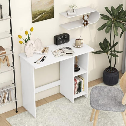GOFLAME Small Computer Desk with Storage, Modern Writing Desk with Adjustable Shelf, Space Saving Laptop PC Desk with Anti-Toppling Kit, Wooden Study Desk for Home Office, White
