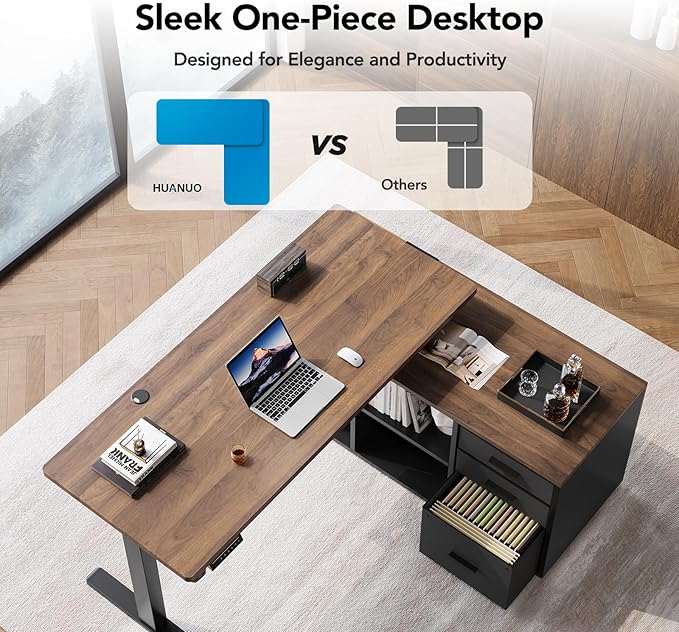 HUANUO 55 Inch L Shaped Standing Desk with Drawers, Electric Executive Desk with File Cabinet Sets, Adjustable Height Stand Up Desk, Home Office Computer Desk with 4 Memory Presets, Walnut