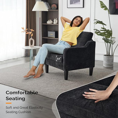 VINGLI Mid Century Modern Accent Chairs, Black Soft Chenille Reading Chair Upholstered Armchair Side Chairs Sofa Couches for Living Room, Bedroom, Apartment