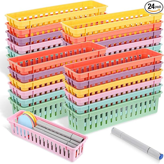 24Pack Small Pencil Basket, 10" x 3" Plastic Pencil Holder for Classroom, Slim Stackable Pencils Tray Storage for Office Desk and Elementary Teacher Organization Supplies (Colorful)