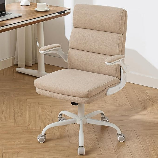amseatec Office Chair Adjustable Desk Chair Mid Back Executive Comfortable Fabric Ergonomic Back Support Home Computer Chair with Padded Flip-up Armrest Swivel Wheels (Beige)