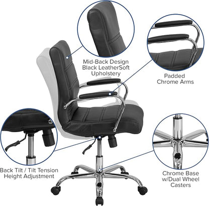 Flash Furniture Whitney Mid-Back Swivel LeatherSoft Desk Chair with Padded Seat and Armrests, Adjustable Height Padded Office Chair, Black