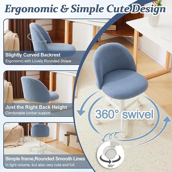 VINGLI Cute Candy Chair Armless Comfy Small Office Desk Vanity Chair with Wheels & Lumbar Support,Teddy Adjustable Rolling Swivel Computer Task Ch for Home Office,Bedroom,Fog Blue