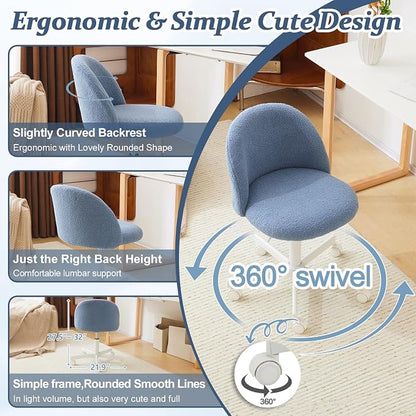 VINGLI Cute Candy Chair Armless Comfy Small Office Desk Vanity Chair with Wheels & Lumbar Support,Teddy Adjustable Rolling Swivel Computer Task Ch for Home Office,Bedroom,Fog Blue