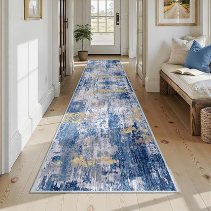 RELEANY Washable Area Rugs 2'6"x12 Non-Slip Modern Abstract Soft for Living Room Entryway Bedroom Kitchen, Print Pattern, Grey Blue Gold/Golden