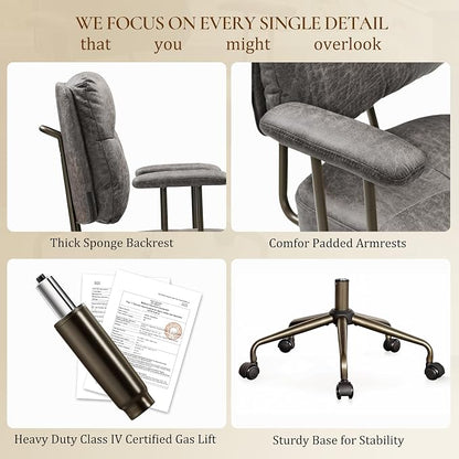 EUREKA ERGONOMIC Becky Home Office Desk Chairs Leather, Comfy Office Chair with Lumbar Support and Arms, Mid-Back, Comfortable Thick Cushion, Height Adjustable, Mid-Century Modern, Gray