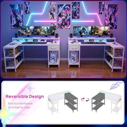 Alpen Computer Desk, L Shaped Desk for Gaming, Home Office Desk with LED Lights, Reversible Corner Desk with Shelves and Drawer, PC Desk for Living Room, Bedroom, 53 Inch, White