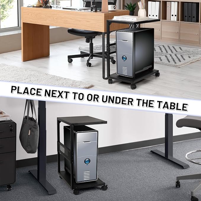 Bfttlity PC Stand Computer Tower Stand 2-Tier Metal CPU Holder with Locking Caster Wheels Suitable for Most PC (S, Black)