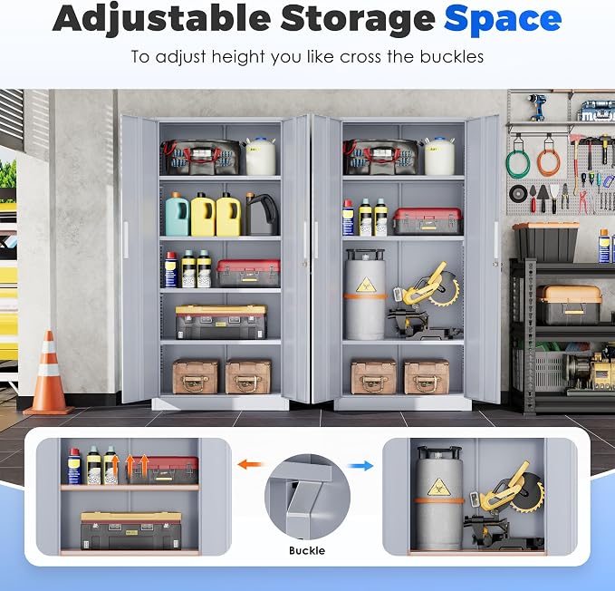 INTERGREAT Garage Storage Cabinet with Lock, 72" Metal Storage Cabinet with Locking Doors and 4 Adjustable Shelves, Lockable Tool Steel Cabinet for Home Office, School, Cement Grey