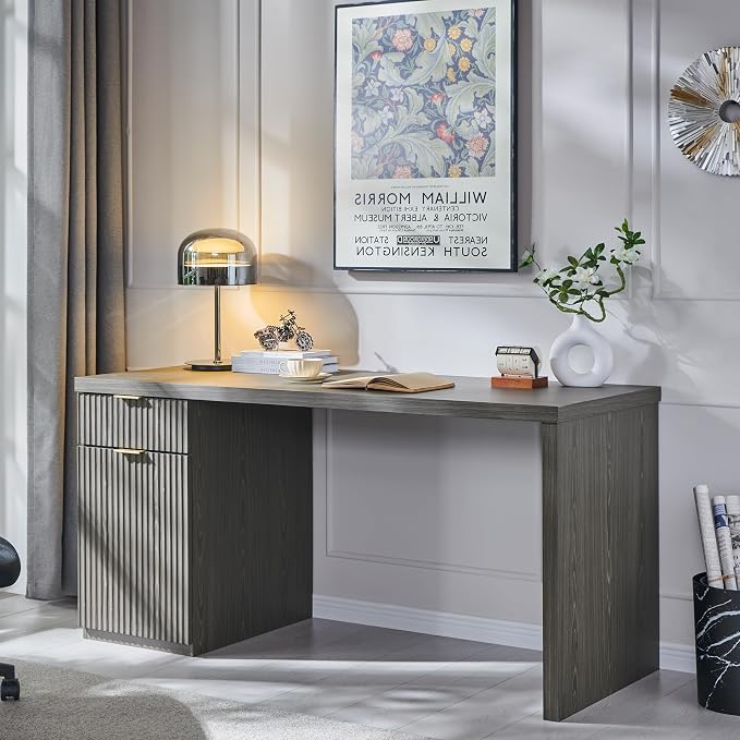 JXQTLINGMU 60" Modern Executive Desk with Storage, Wood Home Office Desk with Drawer & Cabinet, Fluted Computer Writing Desk for Study, Work, Living Room, Bedroom, Grayish Green