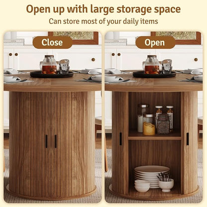 47 inch Round Dining Table for 4-6, Dinner Table with 2-Layer Storage Shelf, Morden Circle Kitchen Table with Wooden Strip Base and Wood Slide Door for Home Dining Room, Living Room, Chestnut