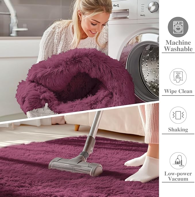 OLANLY 8x10 Machine Washable Large Area Rugs for Living Room, Bedroom, Soft Fluffy Shaggy Bedside Rug, Indoor Floor Carpet for Kids Girls and Boys, Dorms, Nursery, Home Decor Aesthetic, Burgundy