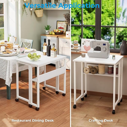 GreenForest Folding Desk with Wheels, 24.8 Inch Compact Rolling Computer Table with Storage Shelf, Portable Mobile Workstation for Small Spaces, Easy Assembly, Pure White