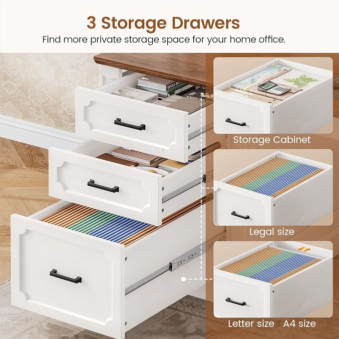 SEDETA Farmhouse L Shaped Desk with Drawers, 70.9" Home Office Desk with Storage Cabinet and Storage Shelves, L Shaped Computer Desk with Power Outlet，White+Brown
