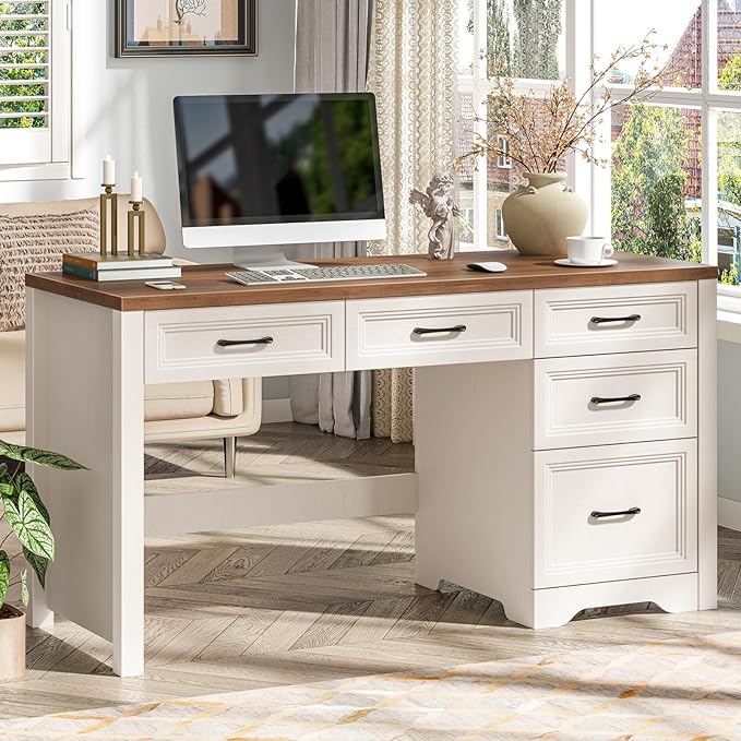 Vabches 55 Inch Farmhouse Desk with 5 Drawers, Large Home Office Computer Desk with Adjustable File Drawer, Executive Workstation with Storage for Study Writing Work, White