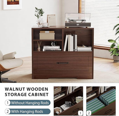 LVB Wood Lateral Filing Cabinet with Drawer, Farmhouse File Cabinet Printer Stand with Storage Shelves, Printer Cabinet Fits A4 Letter Legal Size with Hanging File Folder for Home Office, 32.7" Walnut