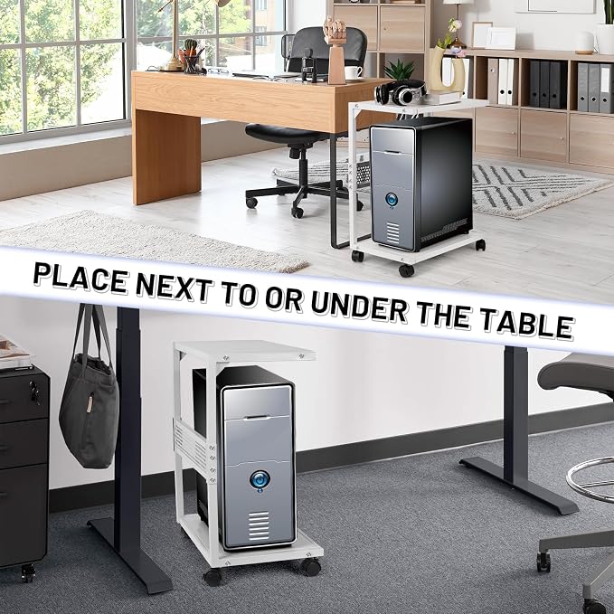 Bfttlity PC Stand Computer Tower Stand 2-Tier Metal CPU Holder with Locking Caster Wheels Suitable for Most PC (S, White)