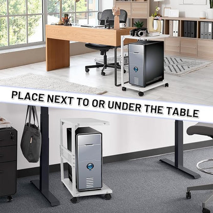 Bfttlity PC Stand Computer Tower Stand 2-Tier Metal CPU Holder with Locking Caster Wheels Suitable for Most PC (S, White)