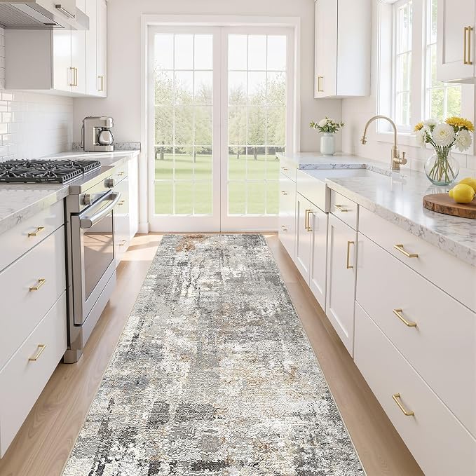 Runner Rug Kitchen Washable Rugs: 3x8 Non-Slip Abstract Soft Modern Stain Resistant Indoor Floor Neutral Accent Throw Carpet for Hallway Bathroom Laundry Room Entryway Bedroom- Gray Rust