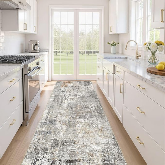 Runner Rug Kitchen Washable Rugs: 3x10 Non-Slip Abstract Soft Modern Stain Resistant Indoor Floor Neutral Accent Throw Carpet for Hallway Bathroom Laundry Room Entryway Bedroom- Gray Rust