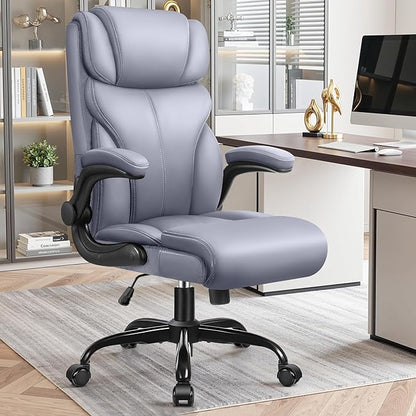 Primy Office Chair, Ergonomic Leather Desk Chair with Flip-up Armrests, Big and Tall High Back Executive Computer & Gaming Chair with Footrest, Comfy Padded, Rocking Function and Lumbar Support(Gray)