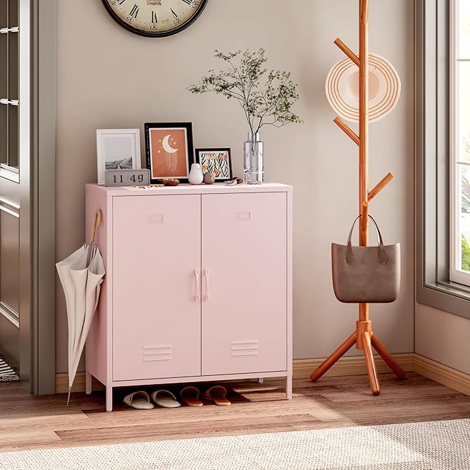 Steehoom Metal Storage Cabinet with 2 Door and Shelves, Metal Pink Locker Cabinet Console Table for School, Pantry, Dining Room, Office, Garage (Pink, H35.43'')