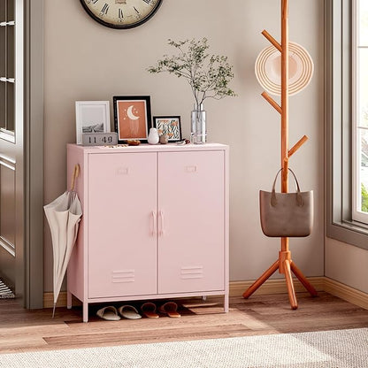 Steehoom Metal Storage Cabinet with 2 Door and Shelves, Metal Pink Locker Cabinet Console Table for School, Pantry, Dining Room, Office, Garage (Pink, H35.43'')