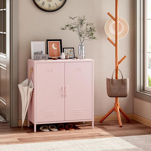 Steehoom Metal Storage Cabinet with 2 Door and Shelves, Metal Pink Locker Cabinet Console Table for School, Pantry, Dining Room, Office, Garage (Pink, H35.43'')