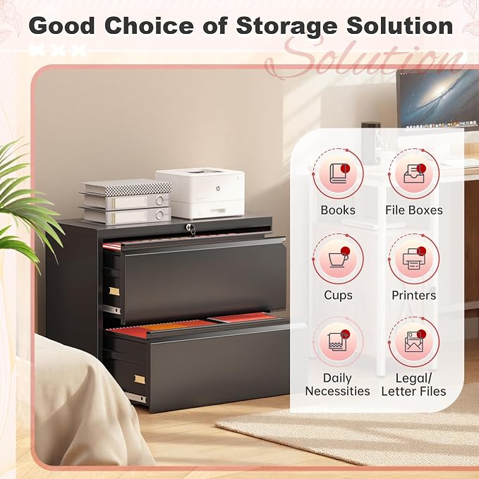 Superday Lateral File Cabinet 2 Drawer Metal File Cabinet with Lock, Black Filing Cabinets for Home Office, Locking Filing Cabinets Hanging Files Letter/Legal/F4/A4