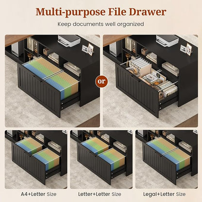 Farmhouse L Shaped Standing Desk with Lateral File Cabinet, 55.1" X 54.3" Electric Executive Desk Adjustable Height with Power Outlets, Shelves, Sit Stand Corner Computer Desk for Home Office, Black