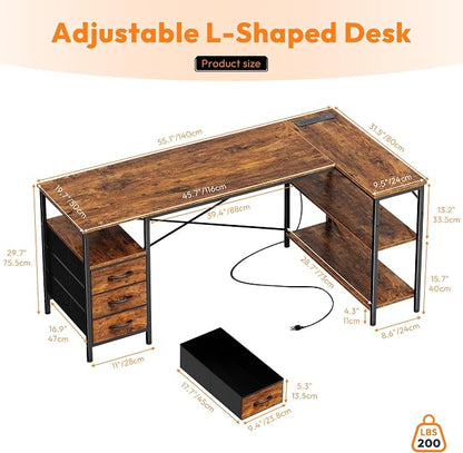 Alpen L Shaped Computer Desk, 55 Inch Corner Desk with Drawers and Power Outlets, Home Office Desk for Gaming, Study Writing PC Table with Storage and Reversible Shelf, Rustic Brown