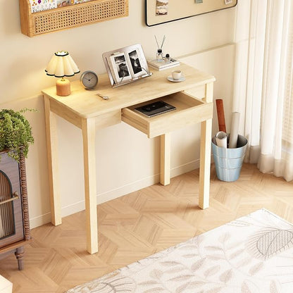 Solid Wood Desk with Drawers - 32 x 16 Inch Simple Narrow Desks, Rubber Wood Study Table, Small Writing Desk for Bedroom|Small Spaces - Natural Boho Desks